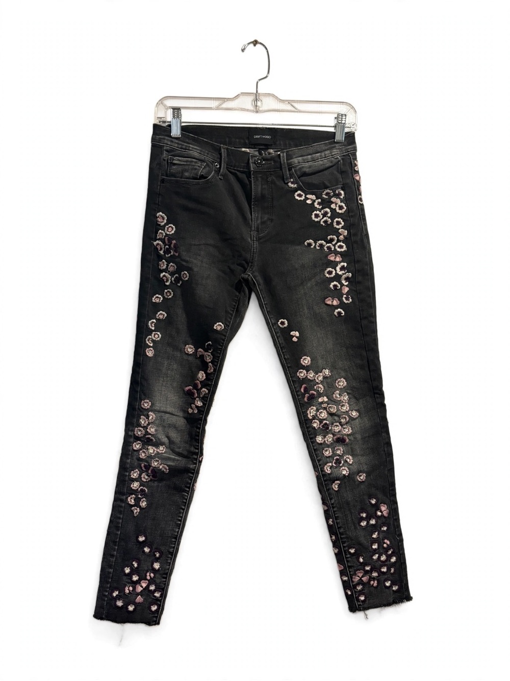 DRIFTWOOD Black Skinny Jeans with Pink Floral Embroidery